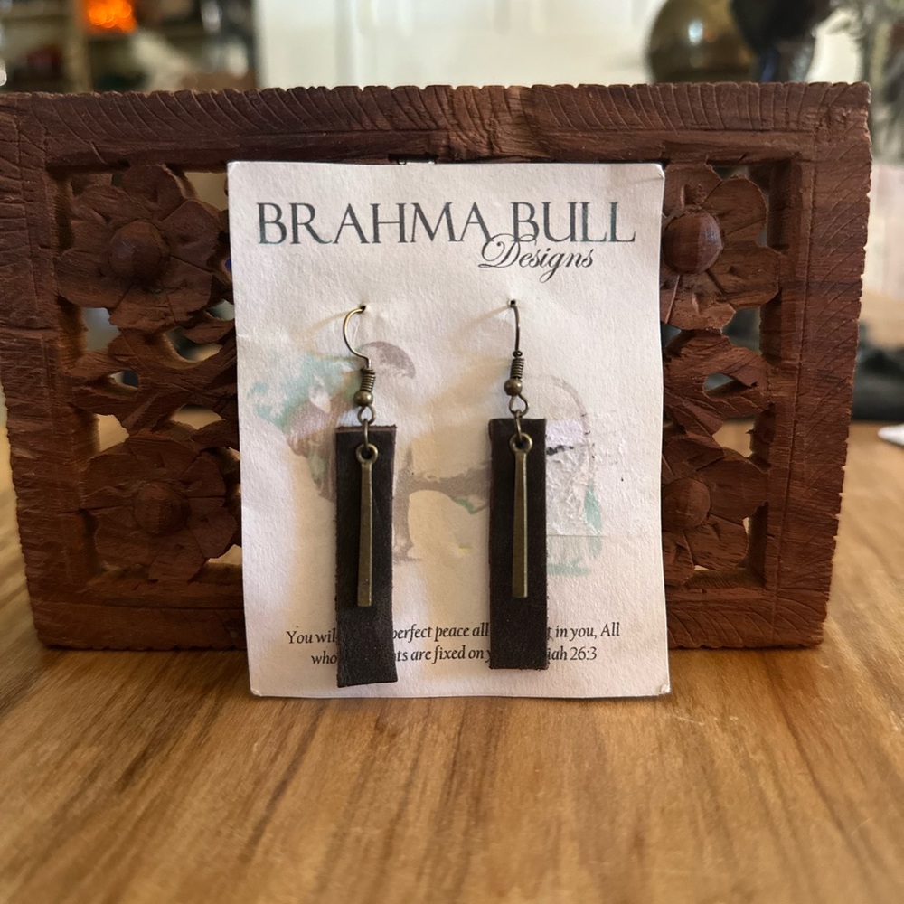 Brahma Bull Brown Leather Earrings. New. Just over 1” long